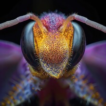 Take An Extreme Close Up Photograph Of A Bee's Head. The Bee Is Covered In Iridescent Green And Purple Scales.
