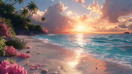 Wall Mural - Tropical beach sunset with vibrant flowers and serene ocean