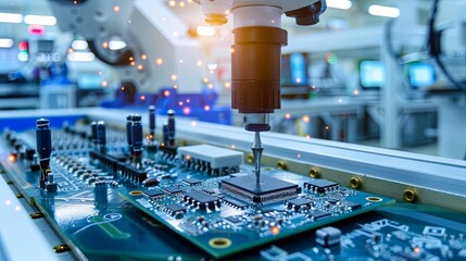 Leinwandbilder - A machine meticulously soldering components onto a circuit board in a manufacturing workshop filled with electronic microchips. Generative AI