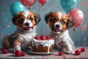 Wall Mural - Fondo de pantalla de feliz cumpleaños con lindos perros. Feliz cumple. Felicidades en tu cumpleaños.