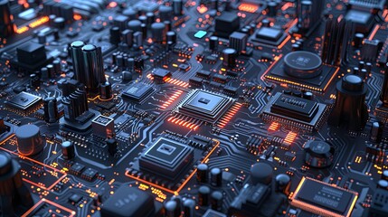 Leinwandbilder - Detailed view of electronic microchips and printed circuit boards in a manufacturing workshop setting. Generative AI