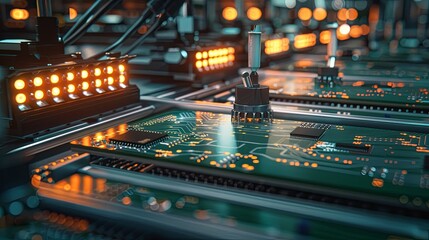 Leinwandbilder - Detailed view of a circuit board with illuminated lights, showcasing intricate electronic components in a manufacturing workshop. Generative AI