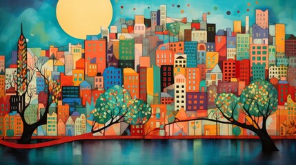 Wall Mural - colorful cartoon town building.