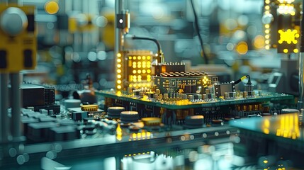 Leinwandbilder - Detailed close up of a circuit board with a building in the background, showcasing electronic components and technology. Generative AI