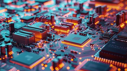 Poster - Detailed view of electronic microchips and printed circuit boards in a manufacturing workshop. Generative AI