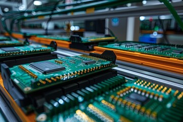 Leinwandbilder - Various electronic components, including microchips and circuit boards, are seen moving along a conveyor belt in a manufacturing workshop. Generative AI