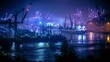 The vibrant nightlife of a bustling port city, with the waterfront alive with colorful lights and the silhouette of cargo ships against the night sky