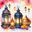 Arabic traditional Ramadan Kareem eastern lanterns garland. Muslim ornamental hanging golden lanterns, stars and moon  illustration. Islamic oriental garland. Muslim holiday lantern traditional