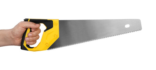 Wall Mural - Man holding saw with yellow handle isolated on white, closeup