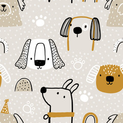 Wall Mural - Vector hand-drawn color seamless repeating childish simple pattern with cute dogs, paws and rainbow in Scandinavian style on a beige background. Children's texture with dogs. Dogs print. Pets.