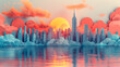 Stunning Paper City Skyline with Vibrant Pastel Reflections in Water