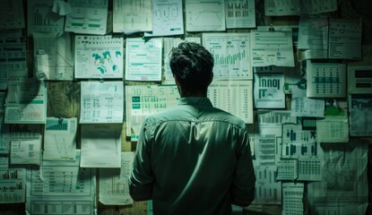 A man stands in front of a wall covered with many papers, Project Scope Definition and Management