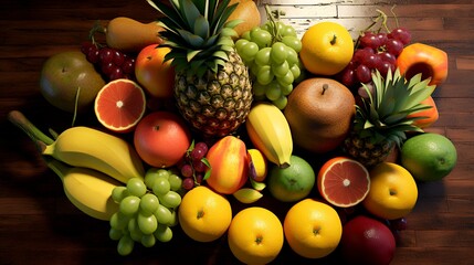 Wall Mural - Fruits on a wooden background. Top view. Flat lay.