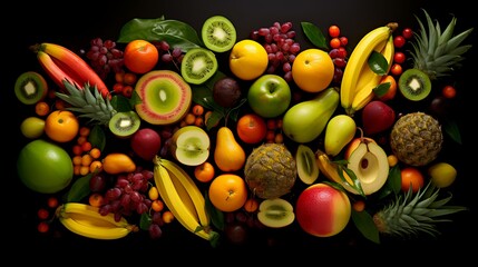 Wall Mural - Fruits on a wooden background. Top view. Flat lay.