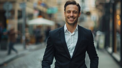 Wall Mural - portrait of a handsome smiling young businessman boss in a black suit walking on a city street to his company office. blurry street background, confident