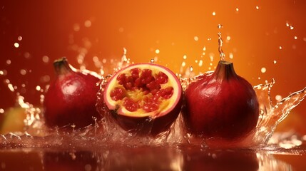 Wall Mural - Fresh pomegranate with water splash on black background, closeup