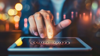 Wall Mural - Man holding the tablet in hand and scanning fingerprint to access internet, cybersecurity concept on the internet, internet and networking concept