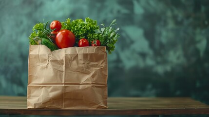 Poster - paper bag with groceries, empty background.