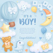 Baby shower square invitation, greeting card or web banner with cartoon hot air balloon, toys, crescent moon and helium balloons on blue background. It's a boy