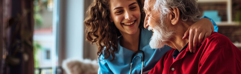 Panorama of a happy nurse with an elderly man in a nursing home. Medical care concept