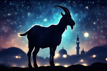 Goat silhouette against mosque. Eid Al Adha Mubarak the celebration of Muslim