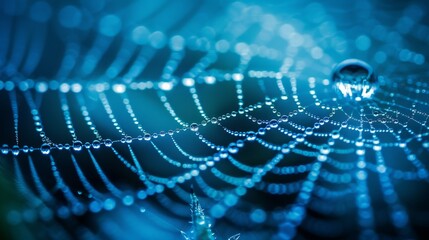 Macro photography of a spider web glistening with dew drops, illuminated by a mystical blue light, highlighting intricate patterns.