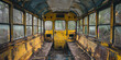 school bus interior Inside of abandoned school bus  Empty bus seats in a modern vanishing point perspective.