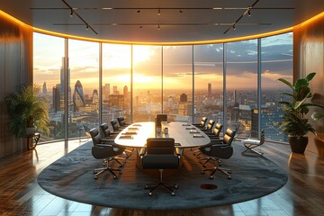 A modern boardroom with a large oval table, diverse group of executives in smart suits, interacting with digital devices, large windows showing a cityscape, natural light flooding the room