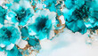 Elegant turquoise  flowers alcohol ink background with gold glitter elements