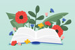 open book with flowers and palm leaves; perfect for book lovers, botanical enthusiasts or literary-themed designs- vector illustration