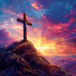 a cross on an island with clouds surrounding it and the sun behind it Cross on the top of the mountain with sunset background.