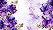 Elegant violet flowers alcohol ink background with gold glitter elements