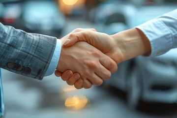 Close-up of a business handshake at a car dealership, focus on hands with a blurred background of premium cars