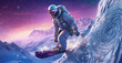 a man in a space suit is snowboarding on a mountain side with a purple sky and mountains in the background