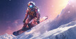 a man in a space suit snowboarding on a mountain slope with a purple sky in the background and a purple and blue background