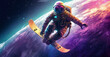 a man in a space suit is on a snowboard in front of a planet with clouds and stars