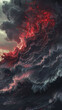 An intense eruption of crimson and dark grey waves, soaring upwards with a force that captures the raw power of nature's fury.