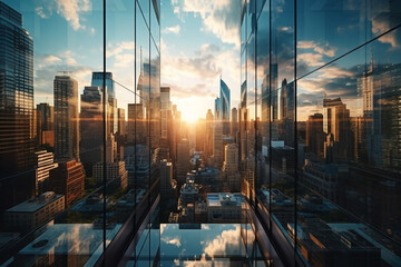 Wall Mural - Aerial view of reflective skyscraper buildings. Business office center in the big city, high rise building covered in glass window