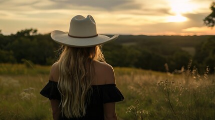 Wall Mural - girl wearing cowboy hat looking at sunset in the middle of a rural field