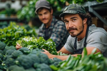 Two male gardeners attentively examining leafy green vegetables in a lush greenhouse