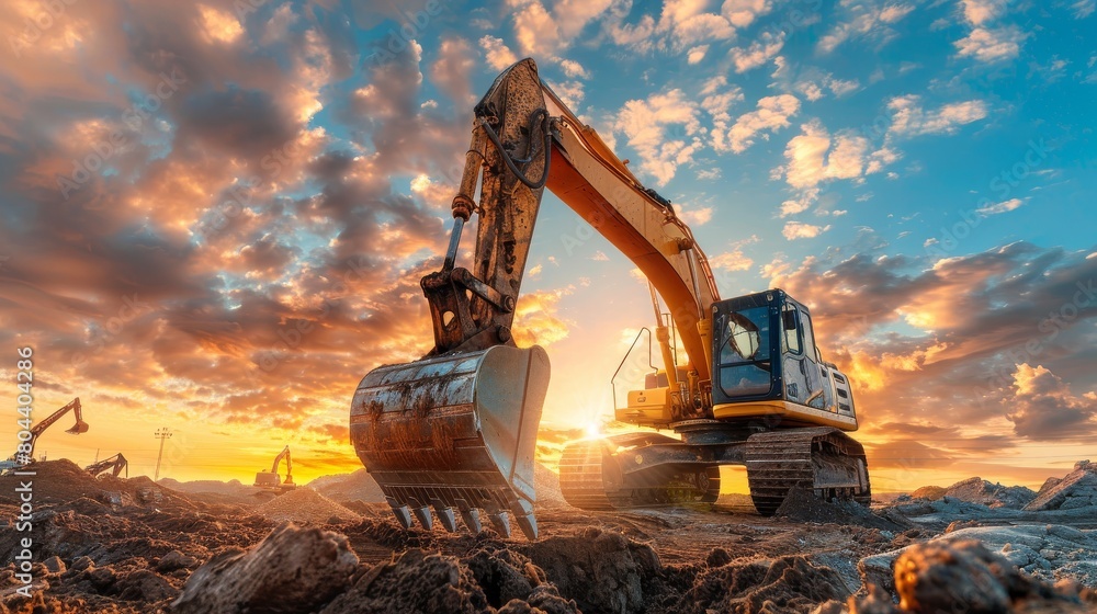 Dig Work Team of workers guiding a large excavator as it digs at a construction ...