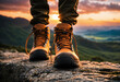 The legs of a man traveler going in hiking shoe for cross-country travel. Front view. Green highland with evening sunset sky on background.