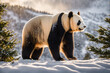 Big Chinese panda bear stands in the winter highland forest