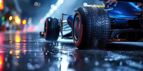 back rear wheel of blue Formula one racing car at evening start of race in rain on wet slippery asphalt