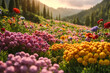 Highland field of colorful dahlias and poppies flowers. Floral landscape with limited depth of field and selctive foreground focus.