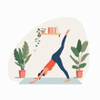 Young woman does pilates at home.Flat style cartoon vector illustration.