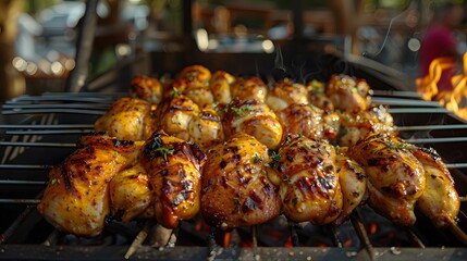 Wall Mural - Rotisserie Chicken on a grill. delicious and tasty chicken meat grilled