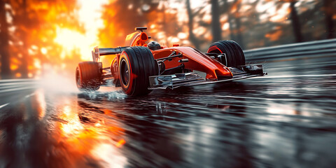 Wall Mural - red racing car driving fast on race track in nature at sunset