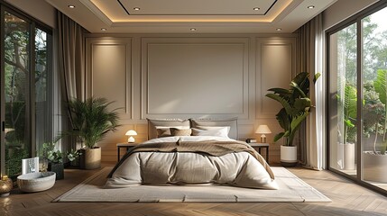 Canvas Print - Cozy spacious bedroom in light muted colors with light wood furniture live plants design