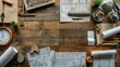 Blueprints on a Desk with Architectural Awards Show detailed blueprints spread out on a work desk, with architectural awards displayed prominently